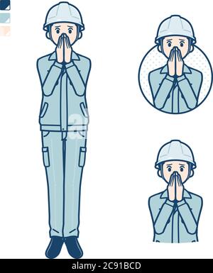 Un uomo che indossa un abbigliamento da lavoro con immagini stupite e poco facili. È arte vettoriale, quindi è facile da modificare. Illustrazione Vettoriale