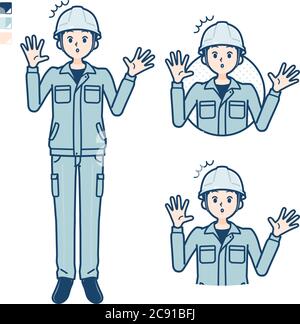 Un uomo che indossa un abbigliamento da lavoro con immagini stupite. È arte vettoriale, quindi è facile da modificare. Illustrazione Vettoriale