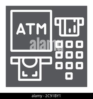 Icona glifo ATM, finanza e contanti, segno di macchina bancaria, grafica vettoriale, un modello solido su sfondo bianco. Illustrazione Vettoriale