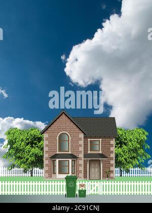 Proprietà residenziale indipendente su una strada di sobborgo con bidoni di riciclaggio verde fuori pronto per la raccolta contro un cielo blu nuvoloso Foto Stock