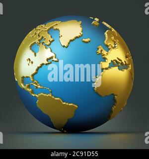 Globo blu e oro isolato su nero. Illustrazione 3D. Foto Stock