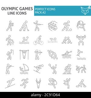 Set di icone a linea sottile per giochi olimpici, collezione di simboli sportivi, schizzi vettoriali, illustrazioni di logo, cartelloni sportivi pacchetto di pittogrammi lineari isolato su Illustrazione Vettoriale