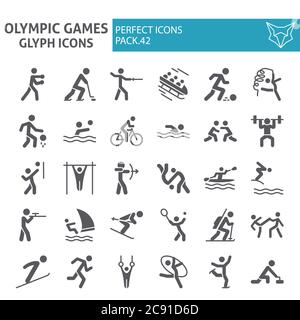 Set di icone glifo Giochi olimpici, collezione di simboli sportivi, schizzi vettoriali, illustrazioni logo, cartelloni sportivi pacchetto di pittogrammi solidi isolato su Illustrazione Vettoriale