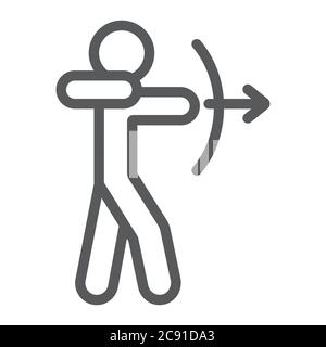 Icona della linea di tiro con l'arco, sport e arco, segno dell'arco, grafica vettoriale, un motivo lineare su sfondo bianco. Illustrazione Vettoriale