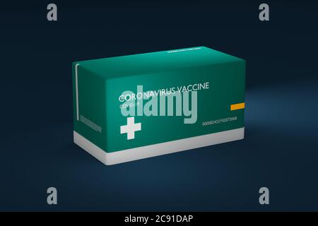 Concept box vaccino coronavirus, rappresentazione 3D illustrazione medica Foto Stock