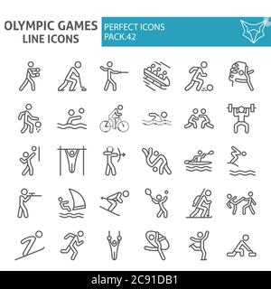 Set di icone della linea olimpica, collezione di simboli sportivi, schizzi vettoriali, illustrazioni di logo, cartelloni sportivi pacchetto di pittogrammi lineari isolato su Illustrazione Vettoriale