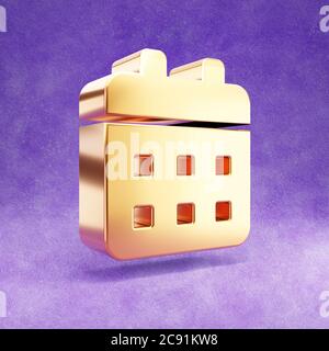 Icona del calendario. Simbolo calendario lucido dorato isolato su sfondo viola vellutato. Icona moderna per sito Web, social media, presentazione, elemento modello di design. Rendering 3D. Foto Stock