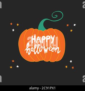 Felice Halloween. Scritta bianca a mano su zucca arancione con stelle di doodle su sfondo nero. Illustrazione del vettore. Illustrazione Vettoriale