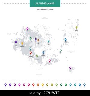 Mappa delle isole Aland con i segni del puntatore di posizione. Modello vettoriale infografico, isolato su sfondo bianco. Illustrazione Vettoriale