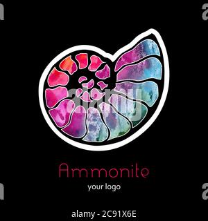 Monite fossile nautilus seashell logo vettoriale. Acquerello arcobaleno rosa blu disegno mano illustrazione salone spa Illustrazione Vettoriale