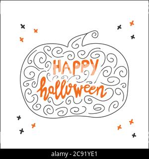 Felice Halloween. Scritta arancione scritta a mano con silhouette in zucca con spirali a dondolo ed elementi a croce. Isolato su sfondo bianco. Vettore Illustrazione Vettoriale
