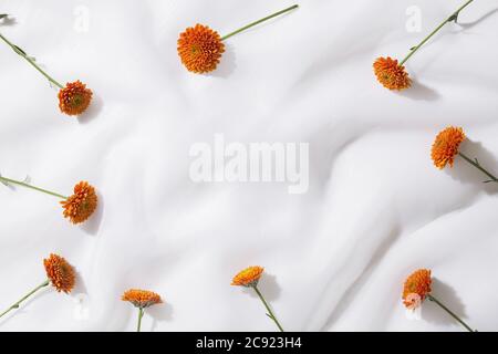 Vista dall'alto dello sfondo in tessuto voile con fiori arancioni e spazio per il testo Foto Stock