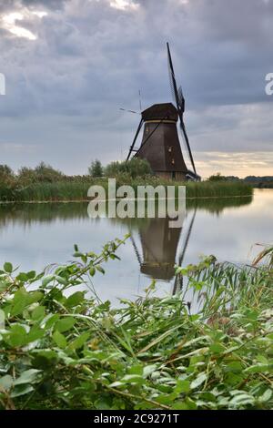 Mulini a vento a Kinderdijk in una giornata estiva nuvolosa nei Paesi Bassi. Estate. Foto Stock