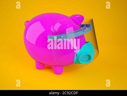 Rappresentazione 3D di un banco di piggy con un viso maschera Foto Stock