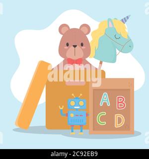 giocattoli bambini oggetto divertente cartone animato con orsacchiotto robot unicorno orsacchiotto e tavola illustrazione vettoriale Illustrazione Vettoriale