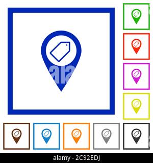 Contrassegnare la posizione della mappa GPS icone a colori piatte in riquadri quadrati su sfondo bianco Illustrazione Vettoriale