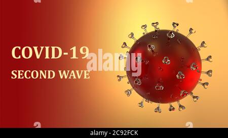 Banner con una molecola di coronavirus rosso Covid-19 al microscopio e l'iscrizione Second Wave. Rendering 3D Foto Stock