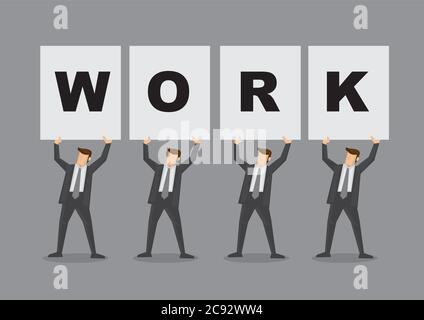 Quattro dirigenti di colletto bianco in tuta da lavoro con cartelli enormi che incantano il lavoro. Illustrazione vettoriale cartoon per concetto di lavoro isolato su Illustrazione Vettoriale