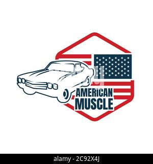 Vettore logo American Muscle CAR. American Muscle Car Logo Design. Questo logo è adatto per garage, negozi e riparazioni di auto d'epoca o d'epoca. Illustrazione Vettoriale