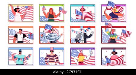set persone holding usa bandiere mix razza uomini donne celebrare 4 luglio american indipendenza giorno concetto web browser finestre raccolta ritratto orizzontale vettore illustrazione Illustrazione Vettoriale
