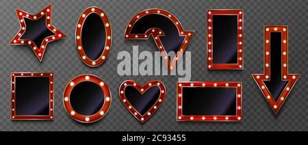 Cornici con lampadine per segno retrò su marchese circo o casinò isolato su sfondo trasparente. Vettore realistico mockup di freccia, stella e cuore forma specchio trucco con bordi rossi e oro Illustrazione Vettoriale