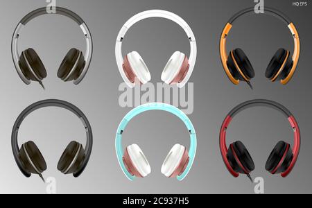 Cuffie moderne realistiche di alta qualità con cavo o wireless. Illustrazione vettoriale delle cuffie dj digitali. Altoparlanti per studi elettronici mockup di annunci commerciali. Illustrazione Vettoriale