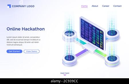 Pagina di destinazione isometrica di hackathon online. Computer desktop con codice binario su schermo collegato a piattaforme remote. Sviluppo software per PC, codifica, utilizzo di digital data concept banner Web vettoriale 3d Illustrazione Vettoriale