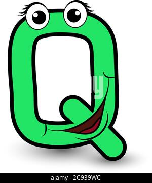 Divertente carattere disegnato a mano stile cartoon lettera colorata Q con sorridente vettore alfabeto illustrazione isolato su bianco. Adatto per i bambini che imparano gli attiviti Illustrazione Vettoriale
