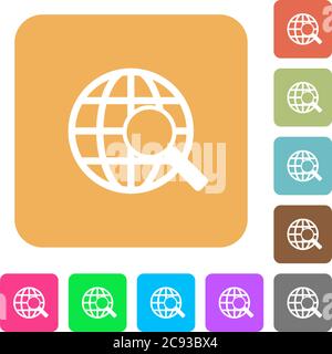 Web cerca icone piatte su sfondi quadrati arrotondati dai colori vivaci. Illustrazione Vettoriale