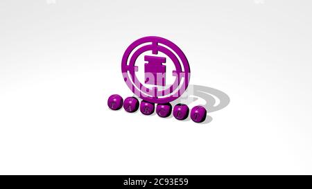 Rappresentazione 3D del bersaglio con icona sulla parete e testo disposto da lettere cubiche metalliche su un pavimento a specchio per il significato concettuale e presentazione slideshow. Illustrazione e business Foto Stock