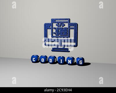 Illustrazione 3D di grafica di codifica e testo fatto da lettere metalliche per i significati relativi del concetto e delle presentazioni. Codice e computer Foto Stock