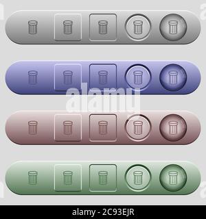 Icone del cestino sulle barre dei menu orizzontali arrotondate in colori e stili di pulsanti diversi Illustrazione Vettoriale