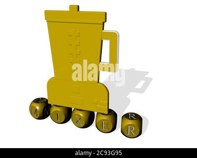 Immagine grafica 3D del MIXER in verticale insieme al testo costruito da lettere cubiche metalliche dalla prospettiva superiore, eccellente per la presentazione concettuale e le presentazioni. Illustrazione e sfondo Foto Stock