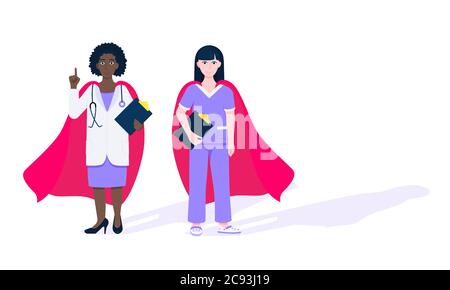 Due medici con capo eroe dietro l'impiegato medico ospedaliero lotta contro malattie e virus su frontline flat stile disegno vettoriale. Illustrazione Vettoriale