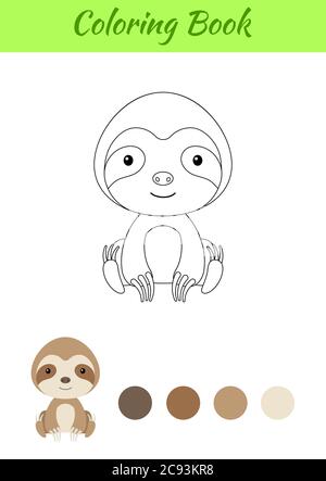 Colorazione pagina poco seduta baby sloth. Libro da colorare per bambini. Attività educativa per bambini e bambini con animali carini. Illustrazione Vettoriale