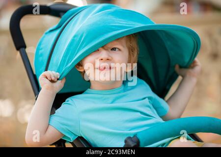 piccolo ragazzo di due anni si siede in un passeggino blu in estate. sviluppo bambino. Stile di vita per bambini Foto Stock