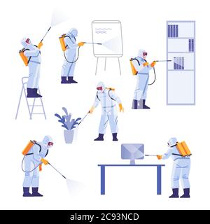 Appaltatori professionisti che controllano i parassiti in ufficio. Protezione da coronavirus. Team HAZMAT in tute protettive decontaminazione durante l'epidemia di virus Illustrazione Vettoriale