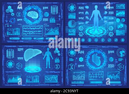 Illustrazioni vettoriali futuristiche di ologramma vr per uso medico. Set di interfaccia per la medicina del futuro schermo ui con organi umani digitali, raccolta di dashboard per il fegato del cuore Illustrazione Vettoriale