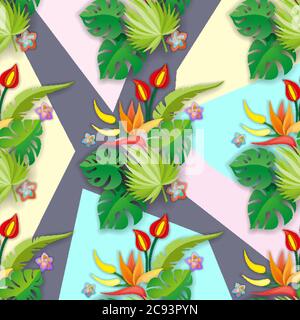 Composizione con fiori, foglie ed elementi astratti. Progetta per il tuo poster, banner, volantino. Illustrazione Vettoriale