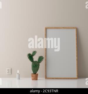 Cornice verticale vuota per poster in piedi su pavimento beige. Una cornice in legno isolata all'interno scandinavo. rendering 3d Foto Stock