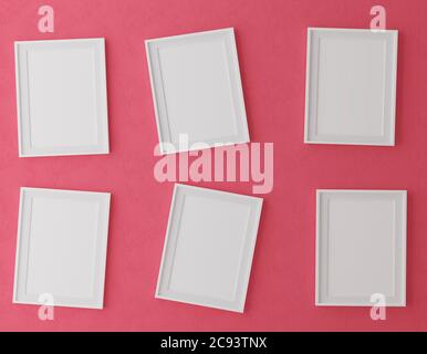 Sei montatura verticale in legno su sfondo rosso con piante, illustrazione 3d Foto Stock