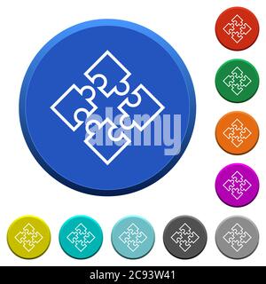 Pezzi di puzzle pulsanti smussati rotondi di colore con superfici lisce e icone bianche piatte Illustrazione Vettoriale