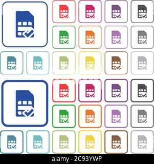 La scheda SIM accetta icone piatte a colori in cornici quadrate arrotondate. Versioni sottili e spesse incluse. Illustrazione Vettoriale