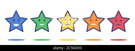 Cinque stelle di classificazione vettore. Icone colorate con varie espressioni Illustrazione Vettoriale