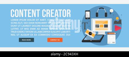 Modello banner Web creatore contenuto. Disegno piatto stile di disegno disegno vettoriale di disegno di illustrazione del Web del creatore del contenuto Illustrazione Vettoriale