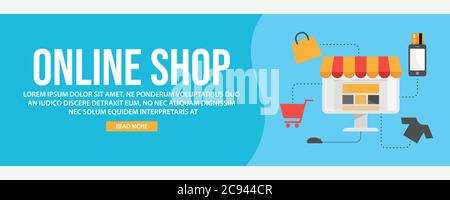 Online shopping web banner modello di design. Disegno piatto stile online banner web di shopping disegno vettoriale Illustrazione Vettoriale