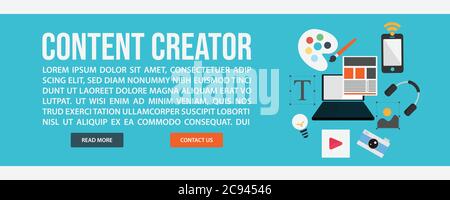 Modello banner Web creatore contenuto. Disegno piatto stile di disegno disegno vettoriale di disegno di illustrazione del Web del creatore del contenuto Illustrazione Vettoriale