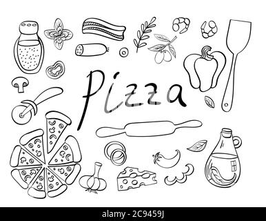 Pizza con ingredienti e forniture set disegnato a mano. Cibo doodles isolato su sfondo bianco. Illustrazione vettoriale. Illustrazione Vettoriale