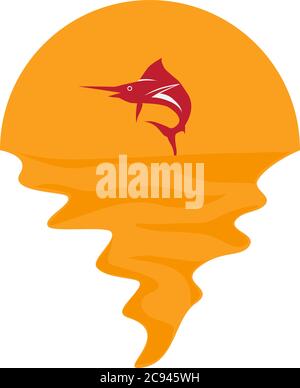 Vettore di pesce marlin blu sul mare e tramonto sullo sfondo. Vela pesce saltando fuori di acqua società logo illustrazione disegno Illustrazione Vettoriale