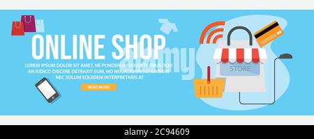 Online shopping web banner modello di design. Disegno piatto stile online banner web di shopping disegno vettoriale Illustrazione Vettoriale